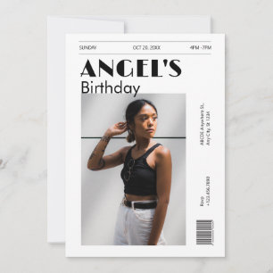 Black and white modern minimalist photo birthday invitation