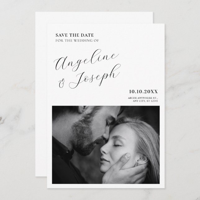 Black and white modern minimalist photo wedding save the date (Front/Back)