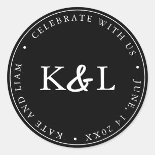 Black and White Modern Monogram Ampersand Classic Round Sticker