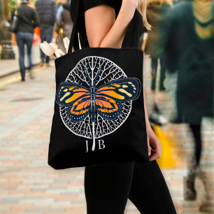 Black and White Modern Monogram Butterfly Tote Bag