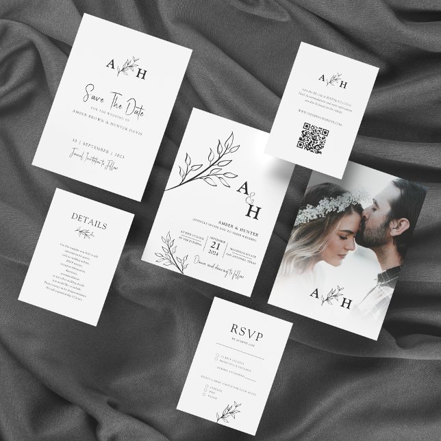 Black and White Modern Monogram Foliage Photo Invitation (Creator Uploaded)