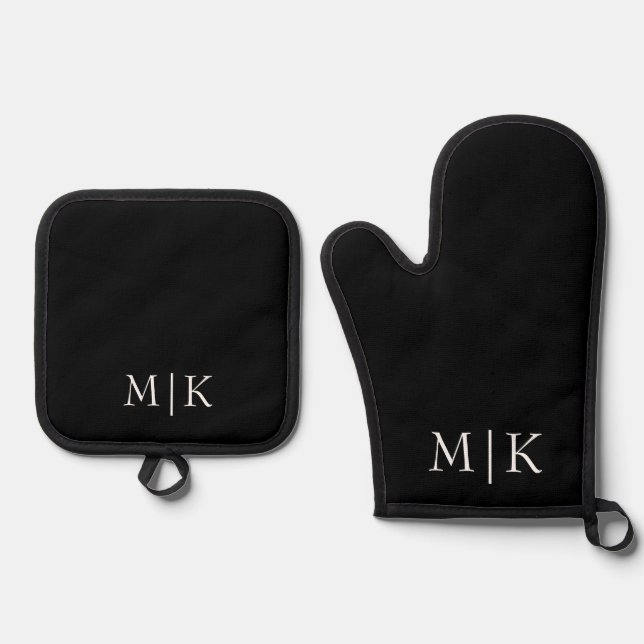 Black and White | Modern Monogram Oven Mitt & Pot Holder Set (Front)