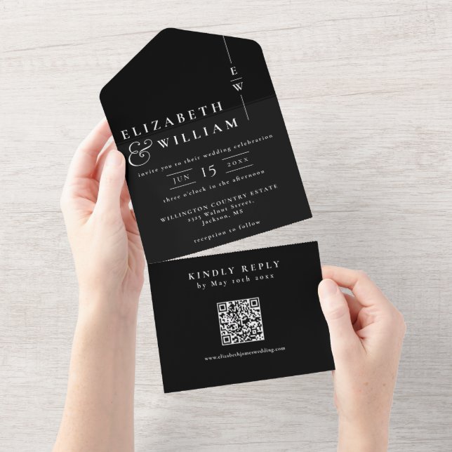 Black And White Modern Monogram QR Code Wedding All In One Invitation (Tearaway)