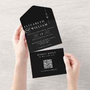 Black And White Modern Monogram QR Code Wedding All In One Invitation