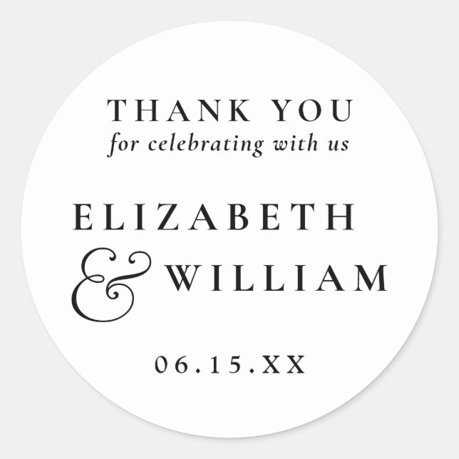Black And White Modern Monogram Wedding Thank You Classic Round Sticker (Front)