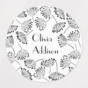 Black and White Modern Name Floral Dandelion