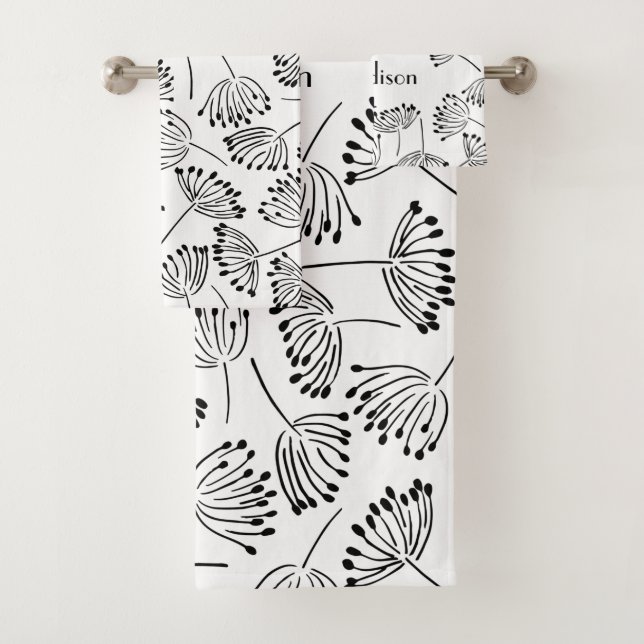 Black and White Modern Name Floral Dandelion  Bath Towel Set (Insitu)