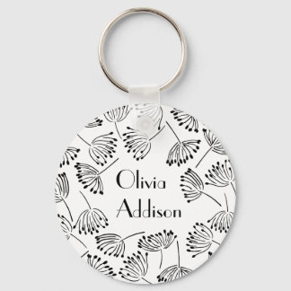 Black and White Modern Name Floral Dandelion Key Ring