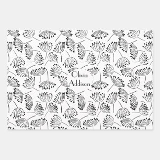 Black and White Modern Name Floral Dandelion Wrapping Paper Sheet
