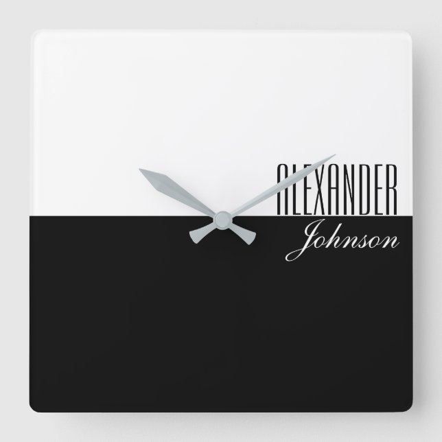 Black and White Modern Name Monogram Square Wall Clock (Front)