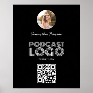 Black and White Modern Podcast Logo QR Code Poster
