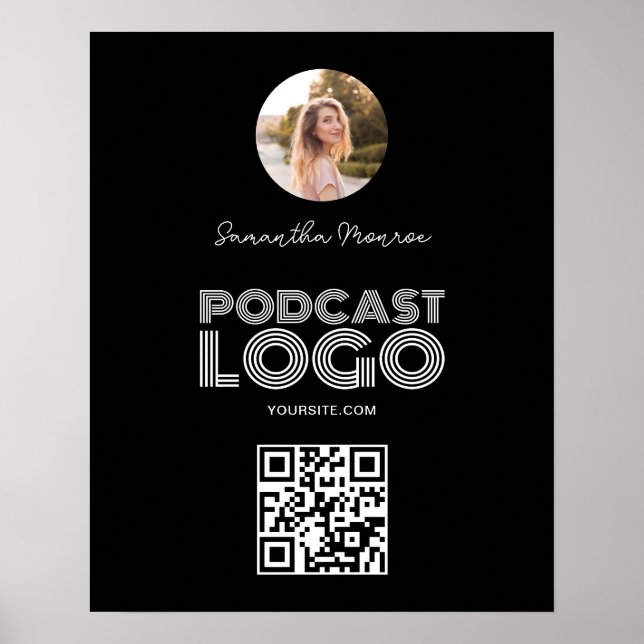 Black and White Modern Podcast Logo QR Code Poster (Front)