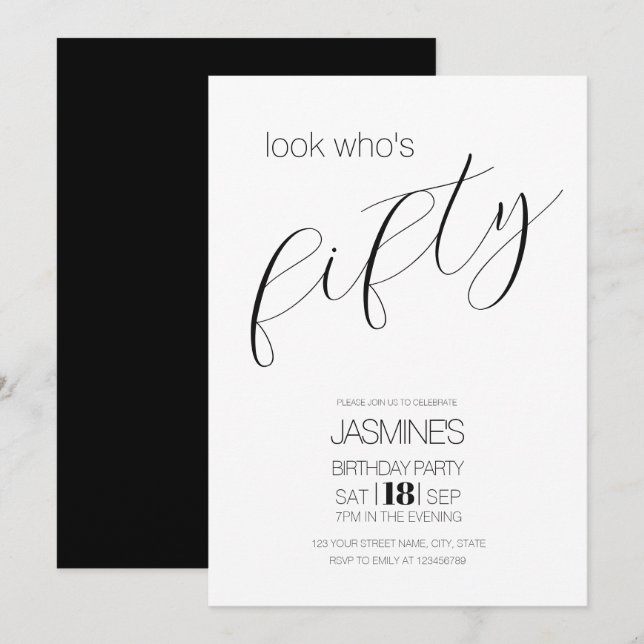Black And White Modern Script 50 Birthday  Invitation (Front/Back)