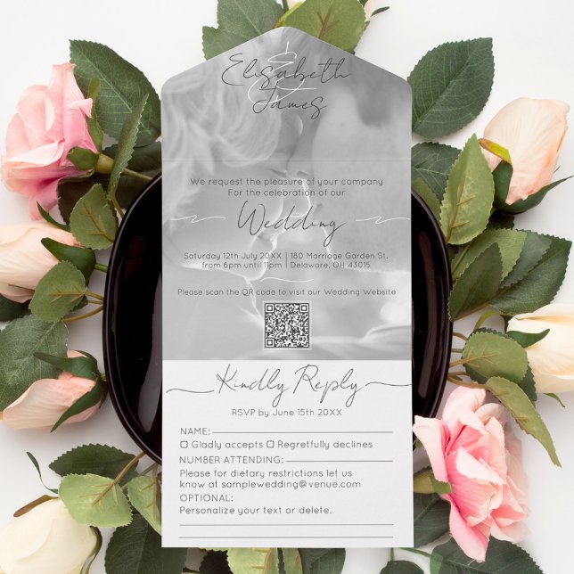    Black and White Modern Script Add Photo Wedding All In One Invitation (Creator Uploaded)