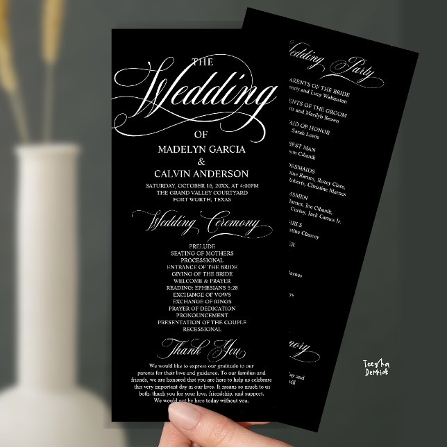 Black and White Modern Script All In One Wedding Programme (Modern Script All In One Wedding Program Card in Black and White)