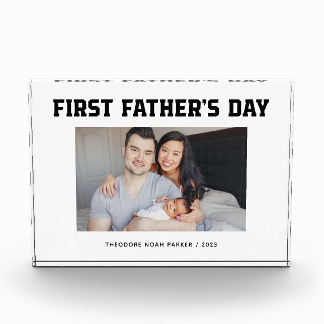 Black and White | Modern Script First Father's Day Photo Block (Front)