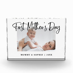 Black and White   Modern Script First Mother's Day Photo Block