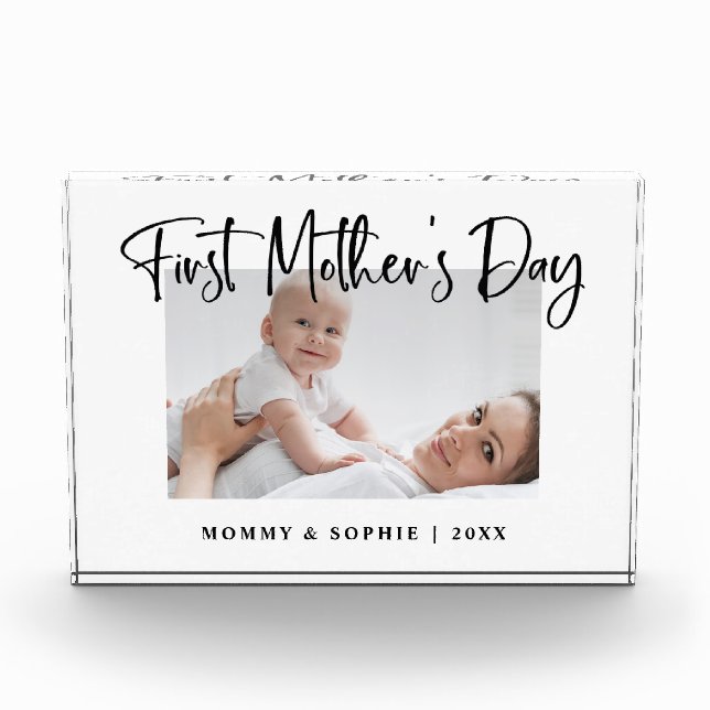 Black and White | Modern Script First Mother's Day Photo Block (Front)