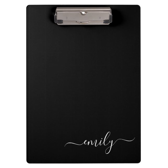 Black and White Modern Script Monogram Name Clipboard (Front)