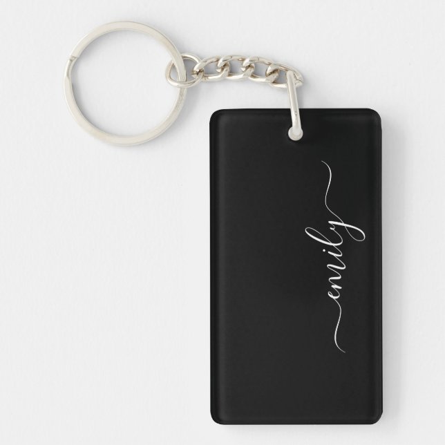 Black and White Modern Script Monogram Name Key Ring (Front)