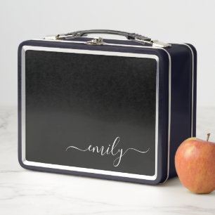 Black and White Modern Script Monogram Name Metal Lunch Box