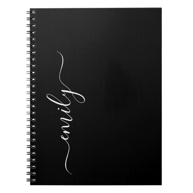 Black and White Modern Script Monogram Name Notebook (Front)