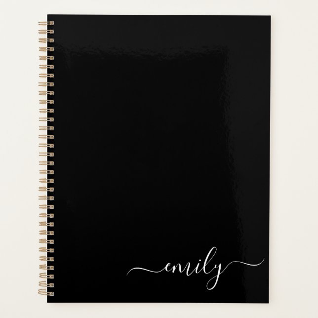 Black and White Modern Script Monogram Name Planner (Front)