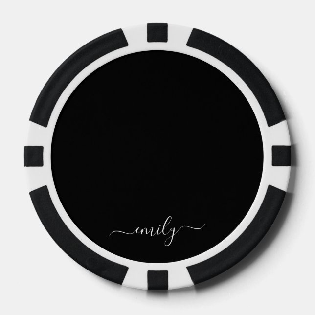Black and White Modern Script Monogram Name Poker Chips (Front)