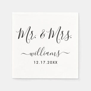 Black and White Modern Script Mr. and Mrs. Wedding Napkin