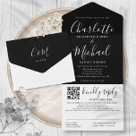 Black And White Modern Script QR Code Wedding All In One Invitation<br><div class="desc">All in one wedding invitation featuring elegant signature script name and monogram initials on a black background. The invitation includes a perforated RSVP card with your wedding website QR code and details. Designed by Thisisnotme©</div>