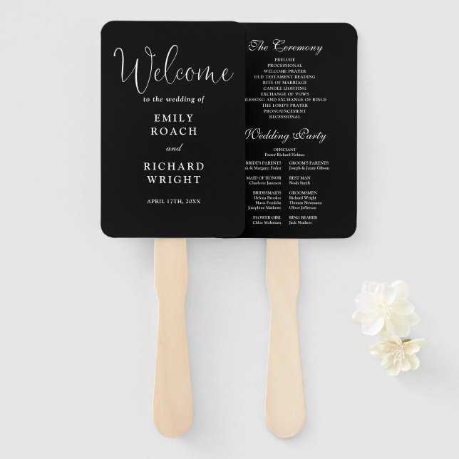 Black And White Modern Script Wedding Program Hand Fan (Front and Back)