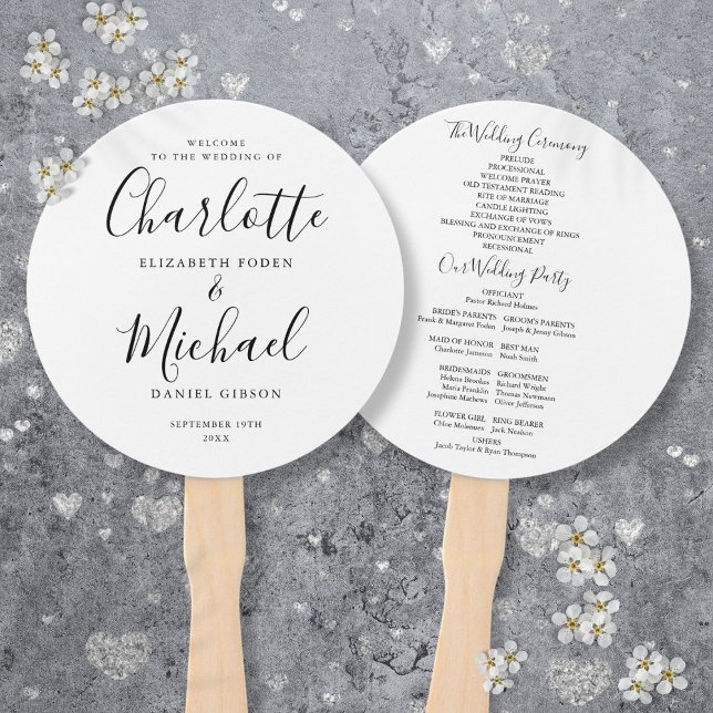 Black And White Modern Script Wedding Program Hand Fan (Black And White Modern Script Wedding Program Hand Fan)