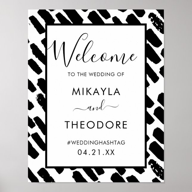 Black and White Modern Script Wedding Welcome Sign (Front)