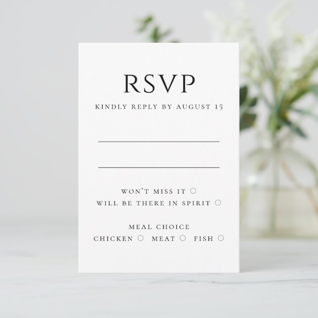 Black and white modern simple minimalist wedding RSVP card (Standing Front)