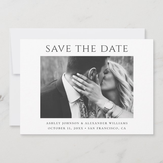 Black and white modern simple minimalist wedding save the date (Front)