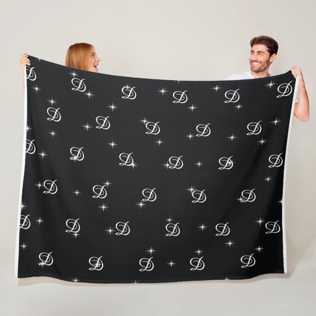 black and white modern simple stars monogrammed fleece blanket (In Situ)
