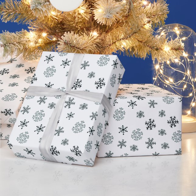 Black and White Modern Snowflakes Christmas Wrapping Paper (Holidays)