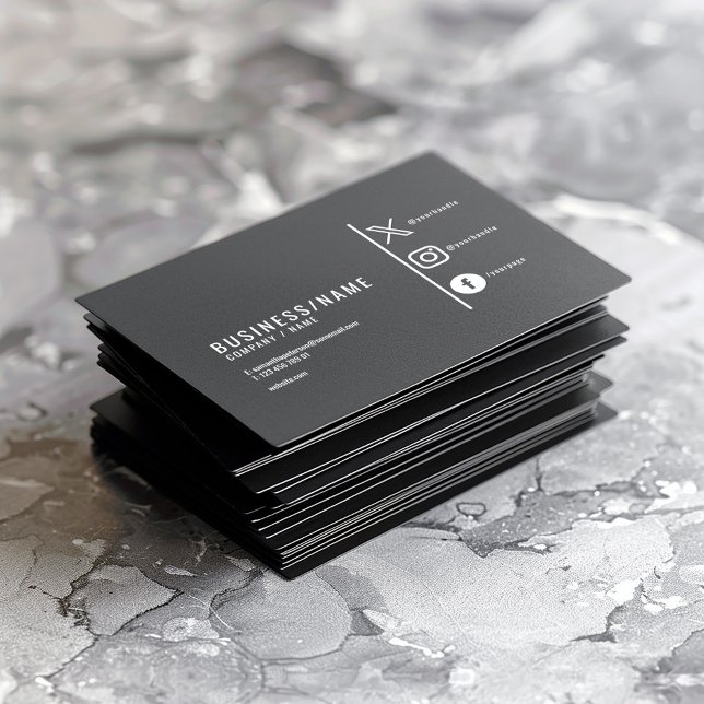 Black and white modern social media business card (Modern black business cards, a simple white logo that says "Business name" and social media icons)