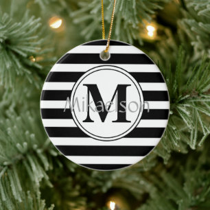 Black and White Modern Stripe Monogram Ceramic Tree Decoration