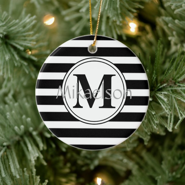Black and White Modern Stripe Monogram Ceramic Tree Decoration (Tree)