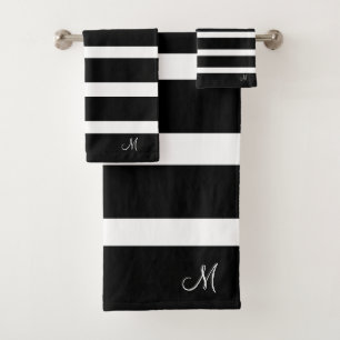 Black and White Modern Stripes Monogrammed Bath Towel Set