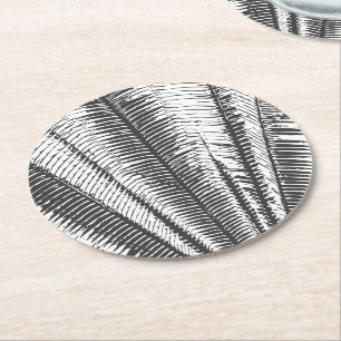 Black and White Modern Tropical Palm Fronds Round Paper Coaster