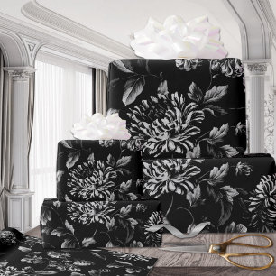 Black And White Modern Vintage Floral Toile Wrapping Paper
