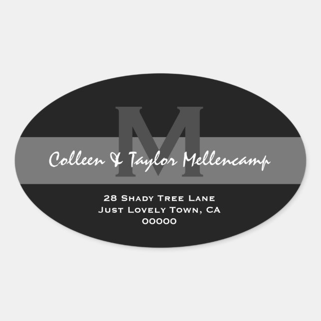 Black and White Modern Wedding Address L001 Oval Sticker (Front)