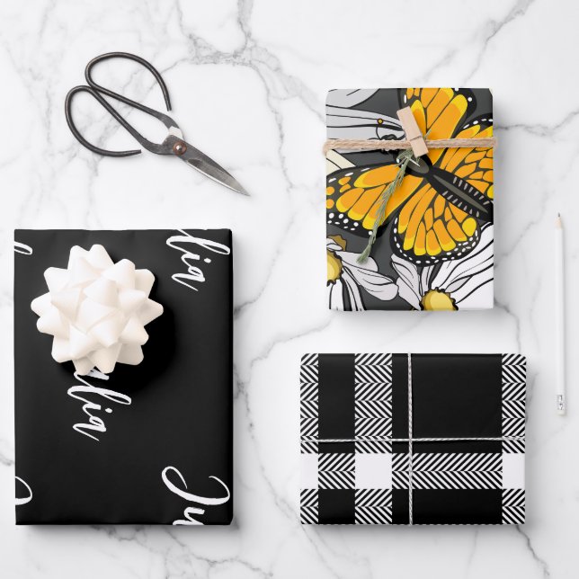 Black and White Monarch Butterflies Monogrammed Wrapping Paper Sheet (Front)
