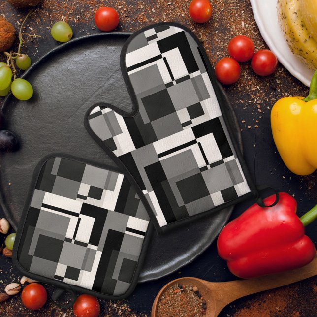 Black And White Mondrian Style Abstract Geometric Oven Mitt & Pot Holder Set (Creator Uploaded)
