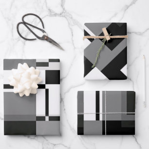 Black And White Mondrian Style Abstract Geometric Wrapping Paper Sheet