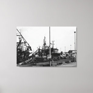 Black And White Monochrome Harbour Boats Canvas Print