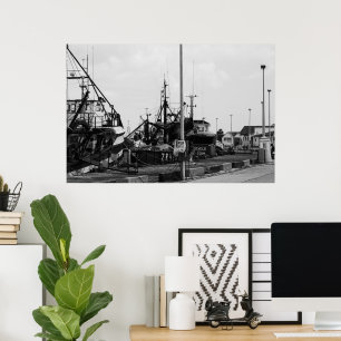 Black And White Monochrome Harbour Boats Poster