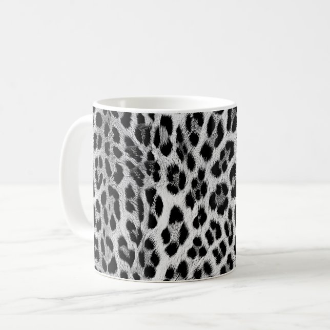 Black and white monochrome, leopard pattern coffee mug (Front Left)